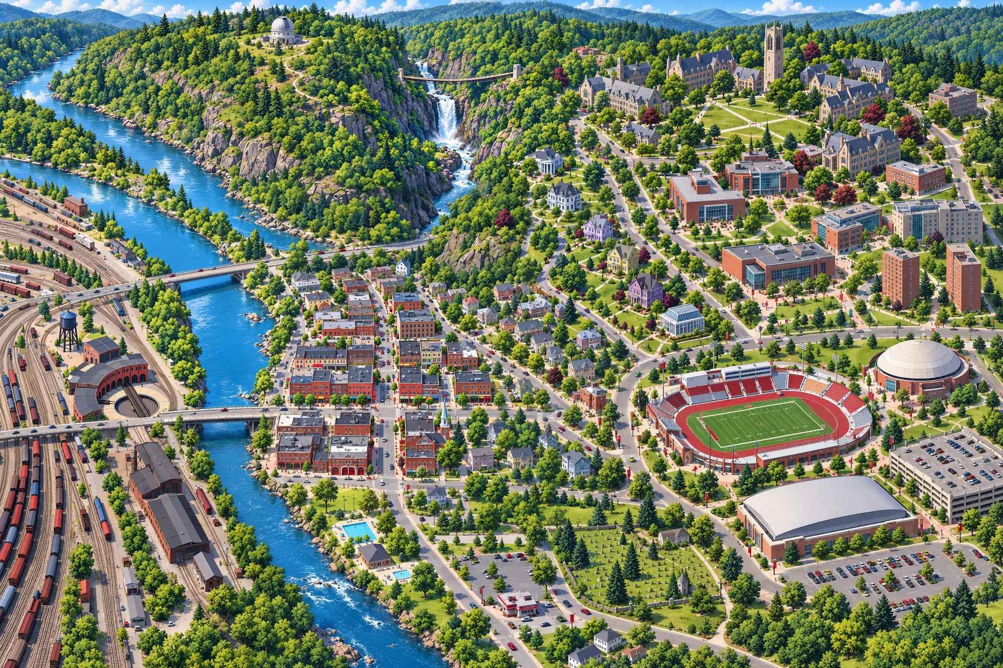 Illustrated map of Hornell University on East Hill and the town of Hornell below it